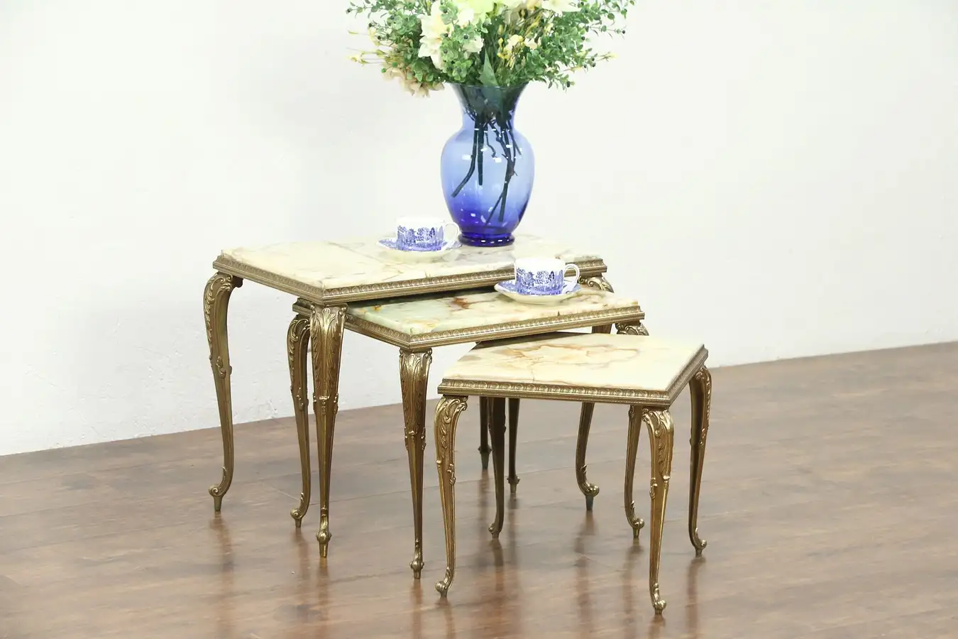 Main image of Set of 3 Vintage Brass Nesting Tables, Onyx Tops, Italy