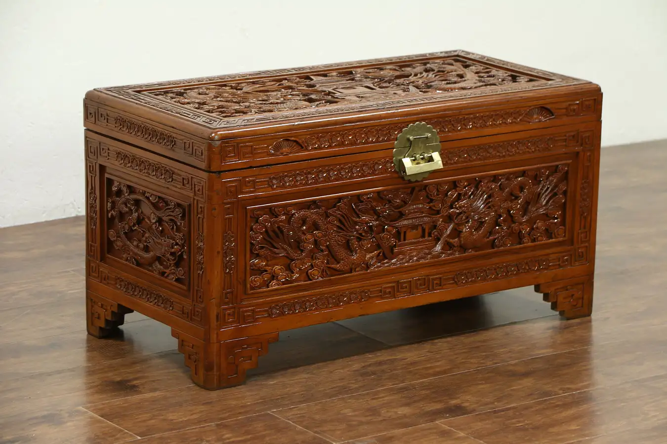 Main image of Chinese Carved Antique Camphor Wood Trunk or Coffee Table