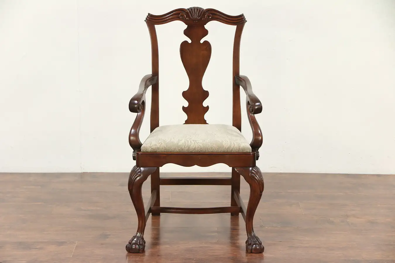 Main image of Georgian Style Vintage Carved Desk or Library Chair, New Upholstery