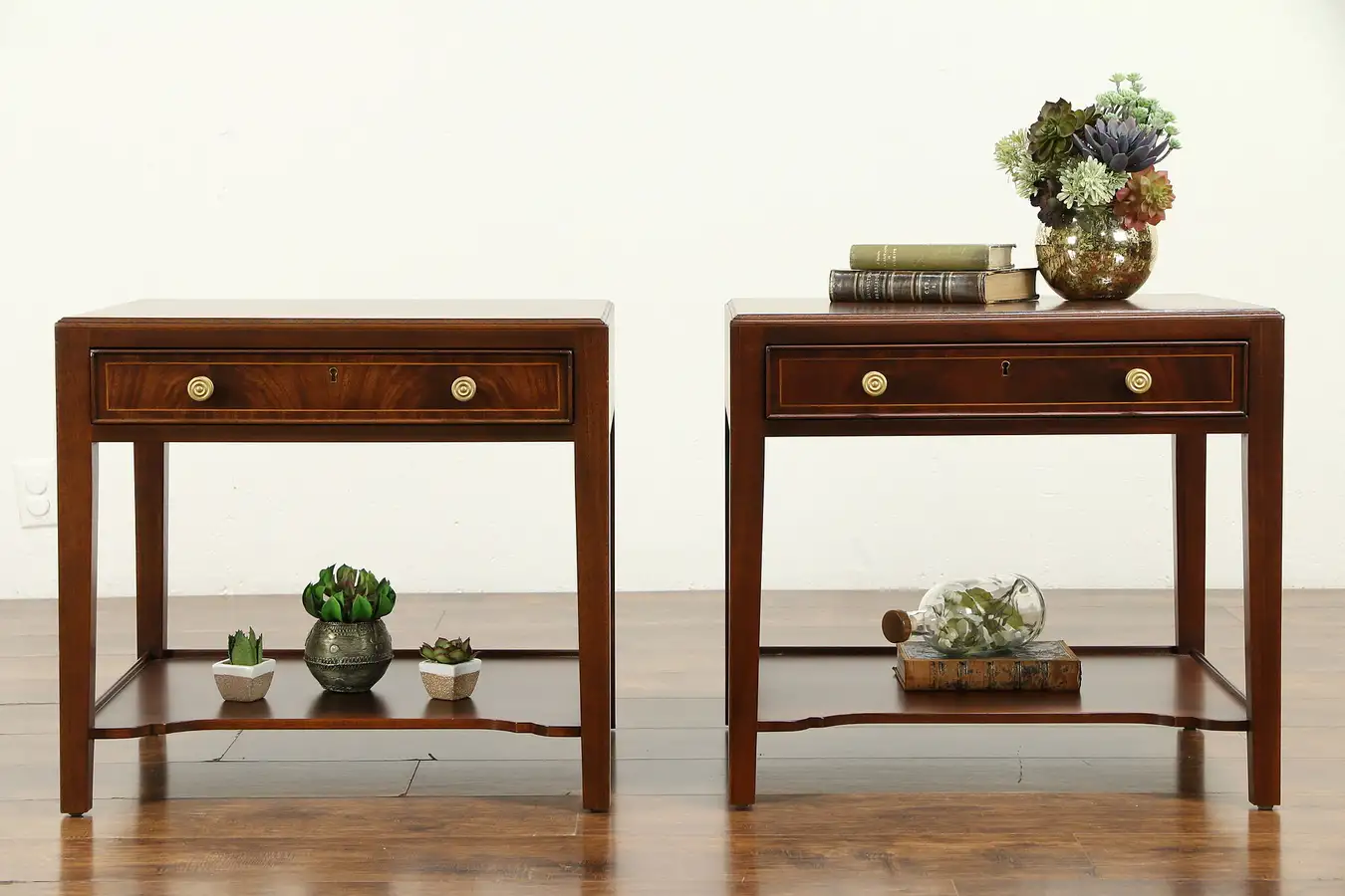 Main image of Pair of Banded Flame Mahogany End Tables or Nightstands, Southampton