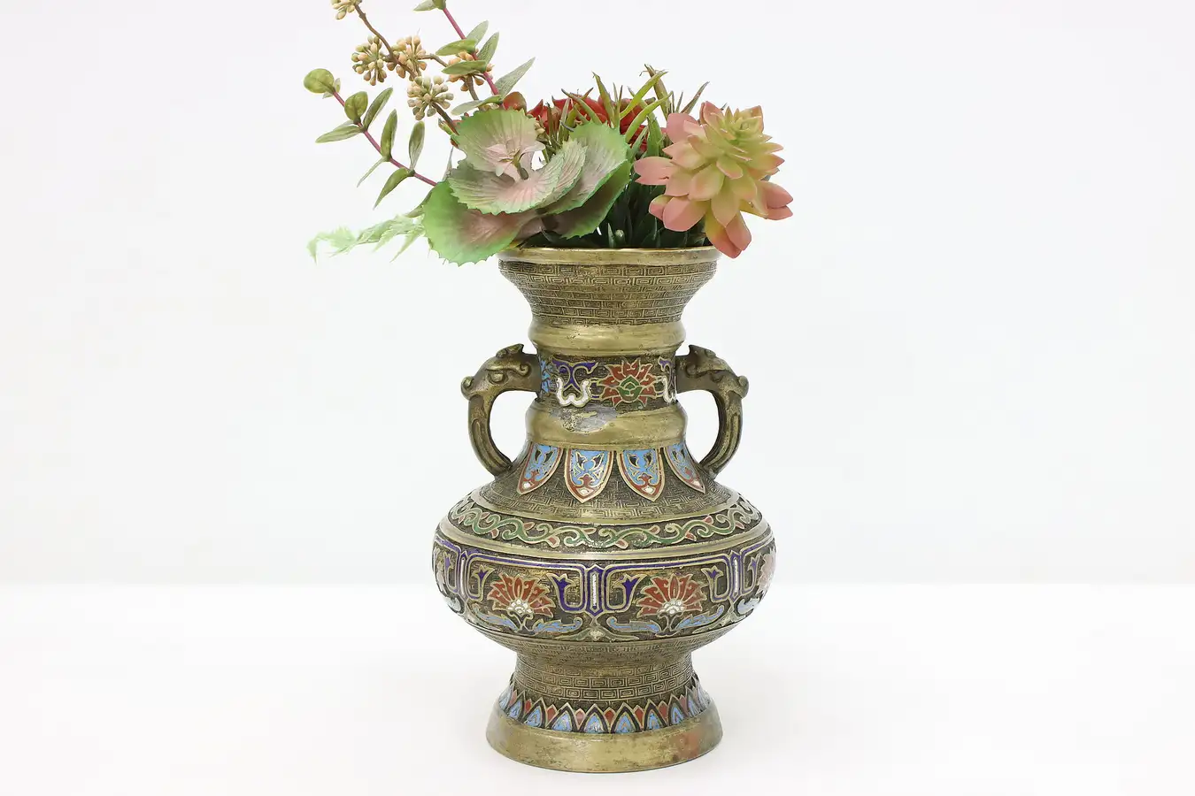 Main image of Japanese Antique Bronze & Cloisonne Enamel Vase, Dragons