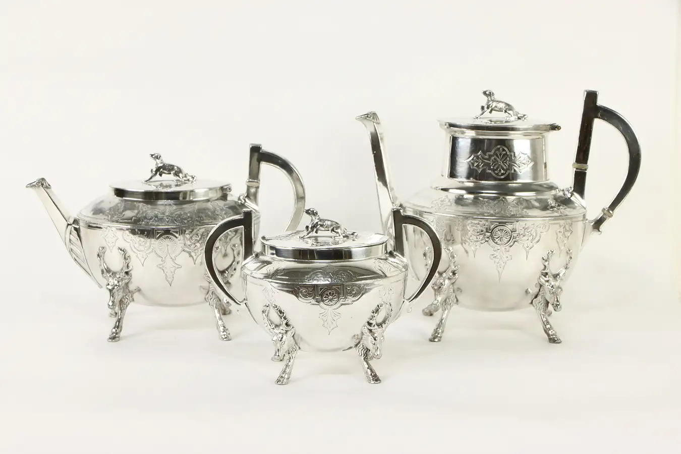 Main image of Victorian Antique Silverplate Coffee and Tea Set, Dogs & Deer, Meriden