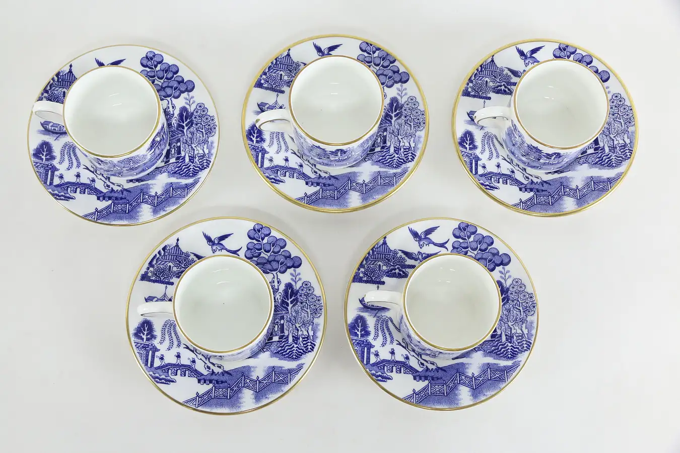 Main image of Set of 5 Coalport Blue Willow English Demitasse Coffee Cups & Saucers