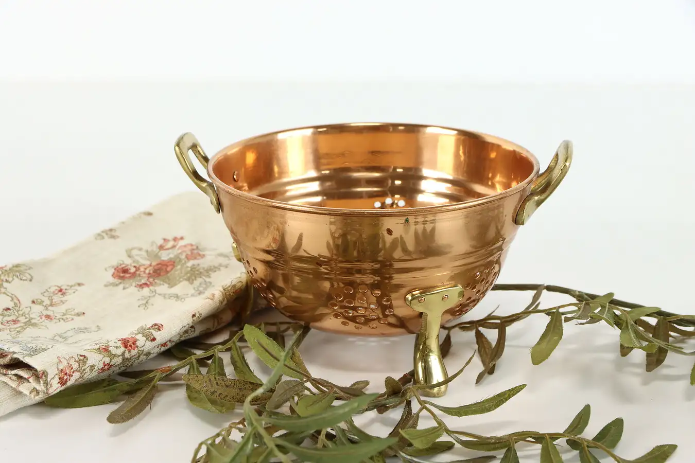 Main image of Copper Vintage Farmhouse Strainer or Colander, Brass Handles& Feet