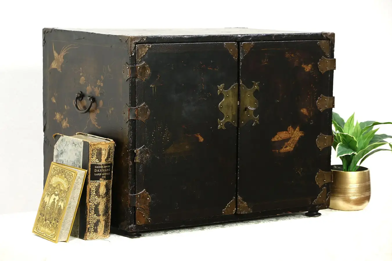 Main image of Asian Black Lacquer Hand Painted Japanese 1880's Antique Jewelry or Dowry Chest