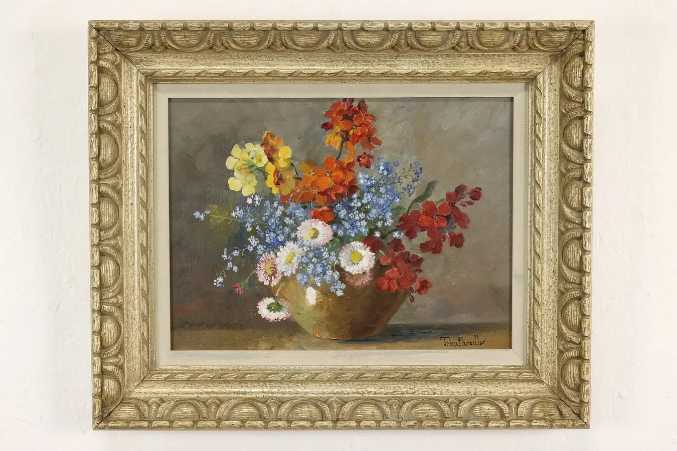Main image of Colorful Flowers in Bowl Vintage Original Oil Painting, Trautweiller 22"