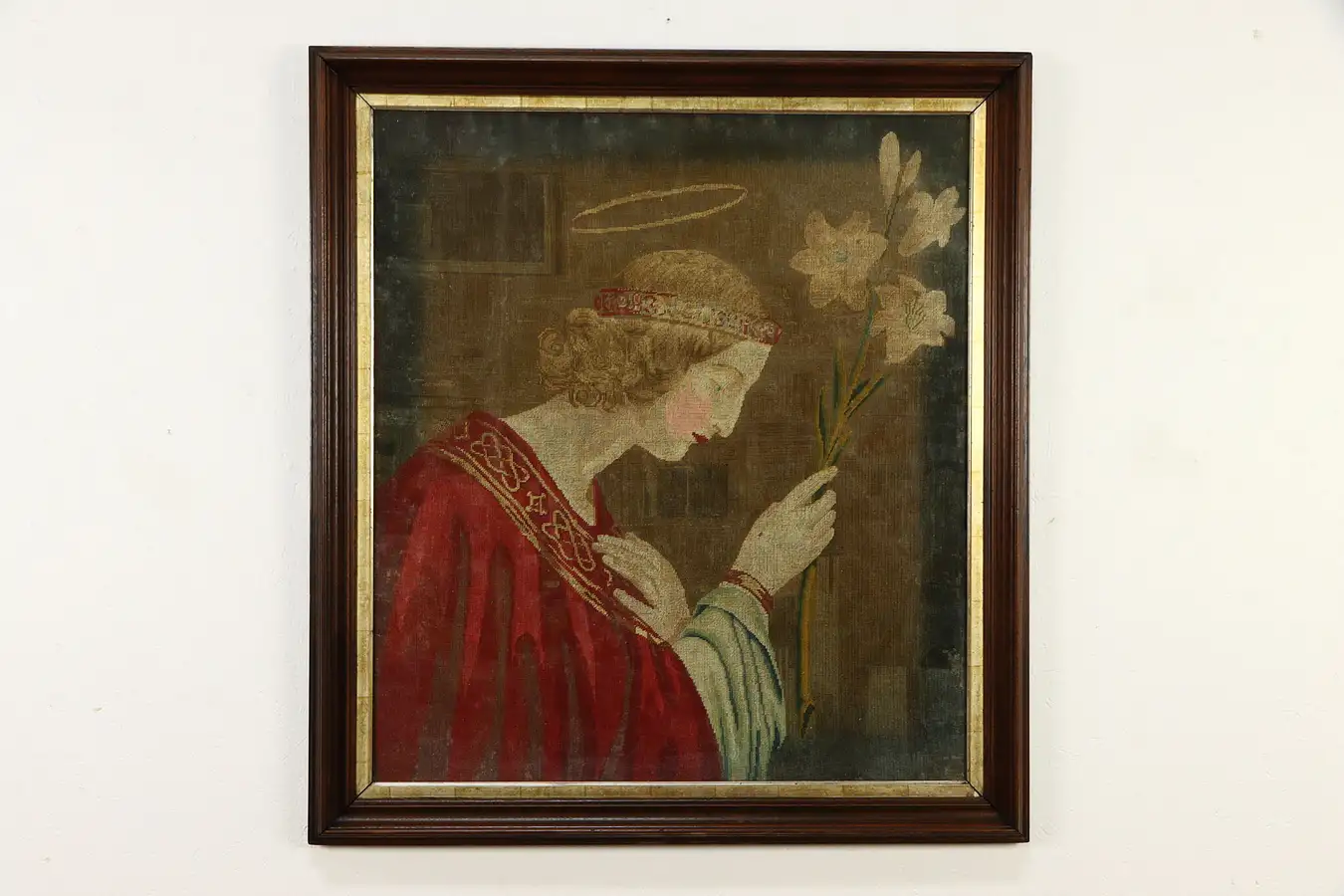 Main image of Victorian Saint Joseph & Lilies Antique Needlepoint Tapestry, 42 1/2"