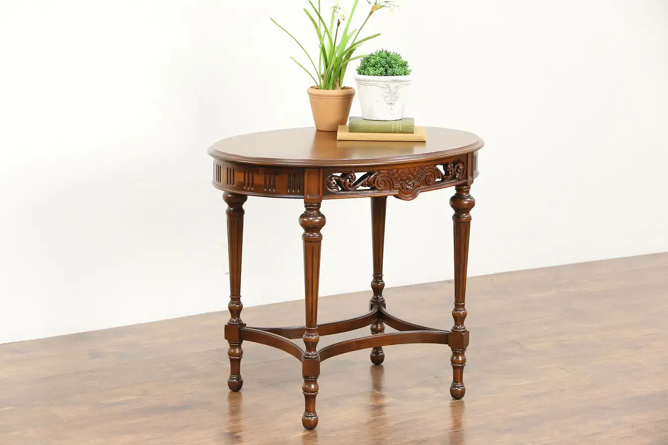 Main image of Oval Carved Walnut 1920 Antique Lamp Table, Signed Imperial Grand Rapids