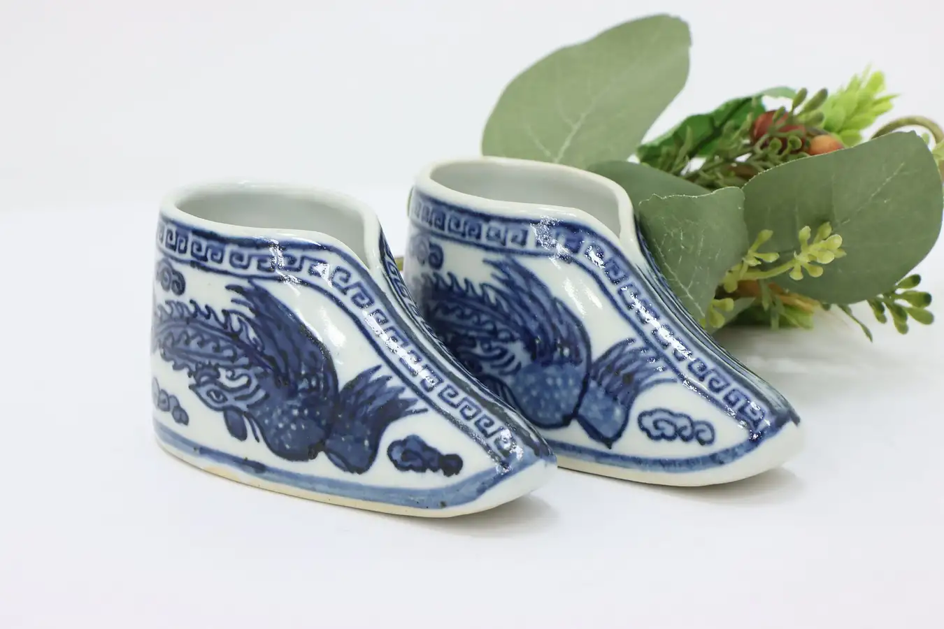 Main image of Pair of Asian Vintage Chinoiserie Porcelain Shoes