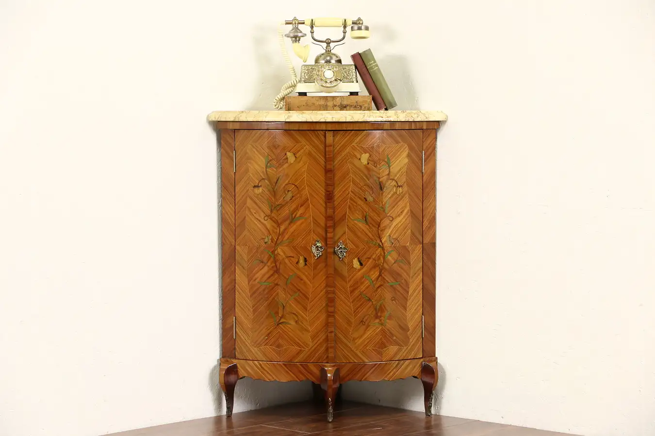 Main image of Italian Rosewood Marquetry 1950 Vintage Corner Cabinet, Marble Top