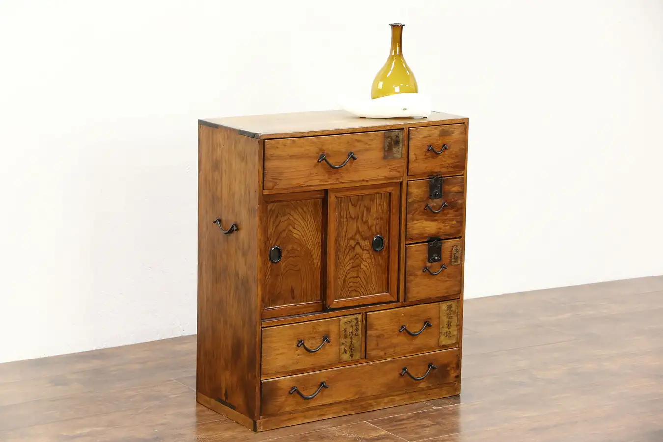 Main image of Japanese Pine Antique Apothecary Cabinet, Inscriptions