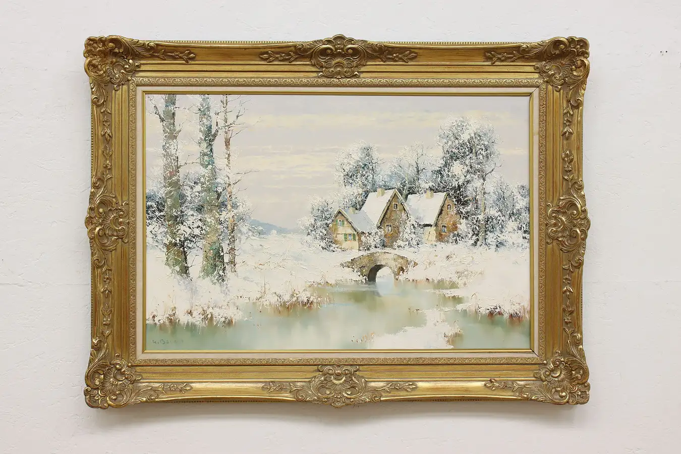 Main image of Winter Farmhouse Vintage Original Oil Painting, Bauer 46"