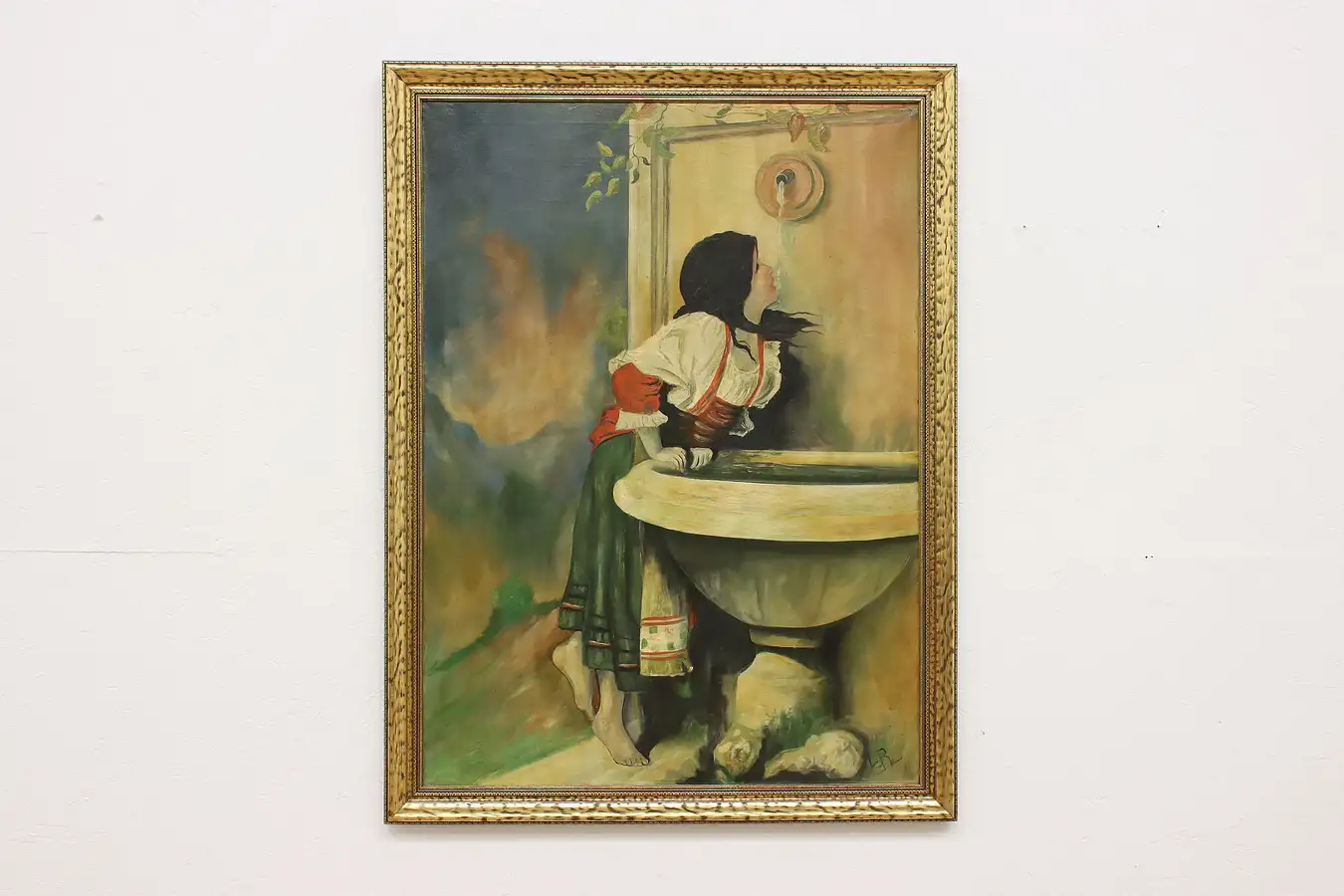 Main image of Roman Girl at Fountain Antique Oil Painting after Bonnat 49"