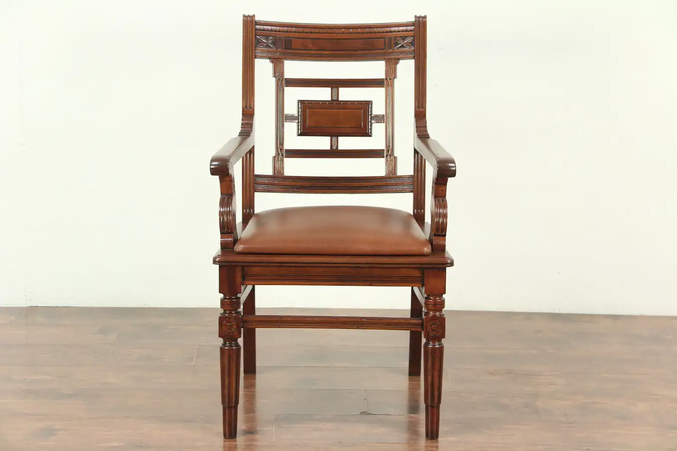 Main image of Victorian Eastlake Antique Walnut Desk or Library Chair, New Leather
