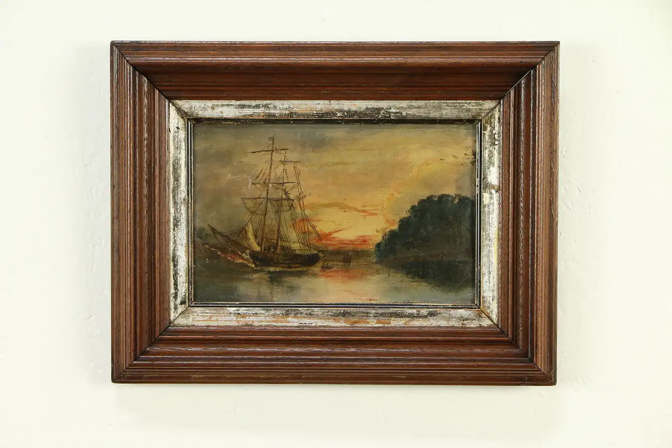 Main image of Sailing Ship At Sunset, Antique 1860 Original Oil Painting, Walnut Frame