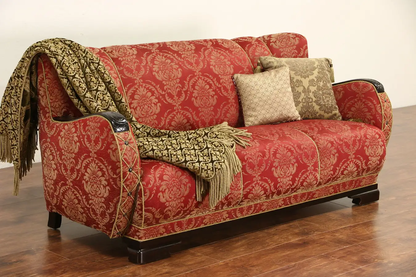 Main image of Hand Carved 1940 Vintage Scandinavian Sofa, Recent Red Upholstery