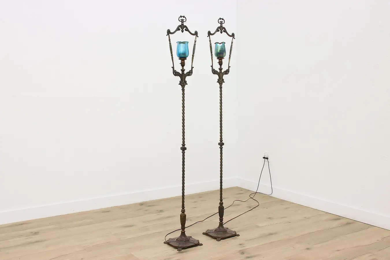 Main image of Pair of Antique Lantern Floor Lamps, Blown Art Glass Shades