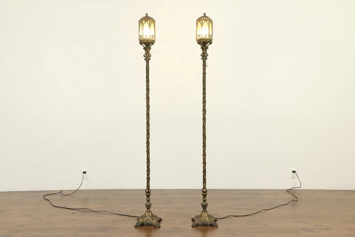 Main image of Pair Iron, Brass, Stained Glass Antique Floor Lamps, Torchieres, Lanterns