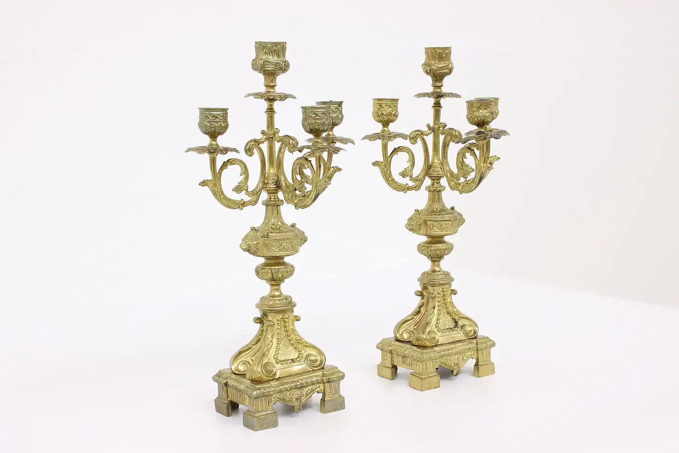 Main image of Pair of Antique French Classical Cast Bronze 4 Candle Candelabra
