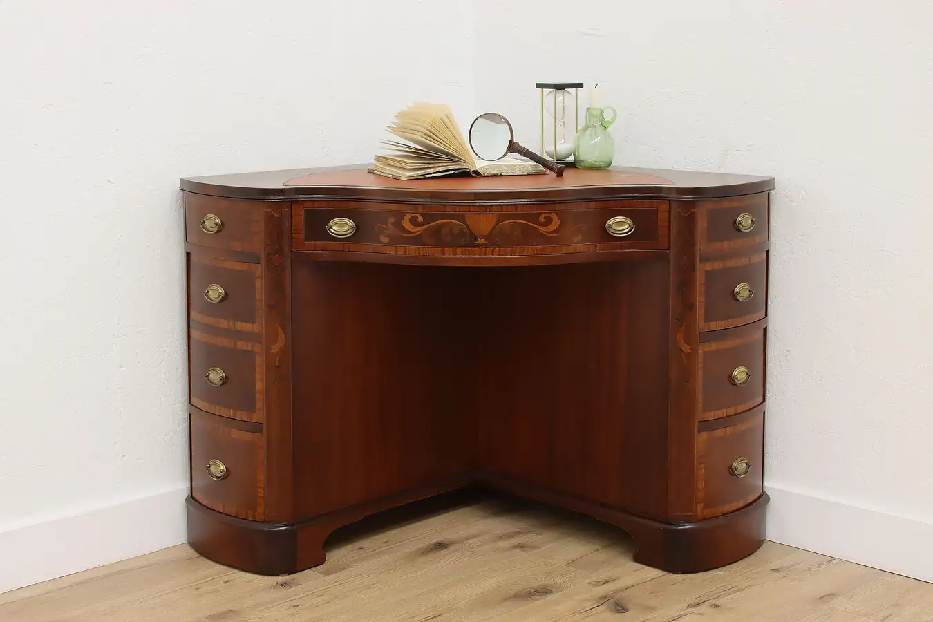 Main image of Hepplewhite Design Antique Mahogany Leather Top Corner Desk