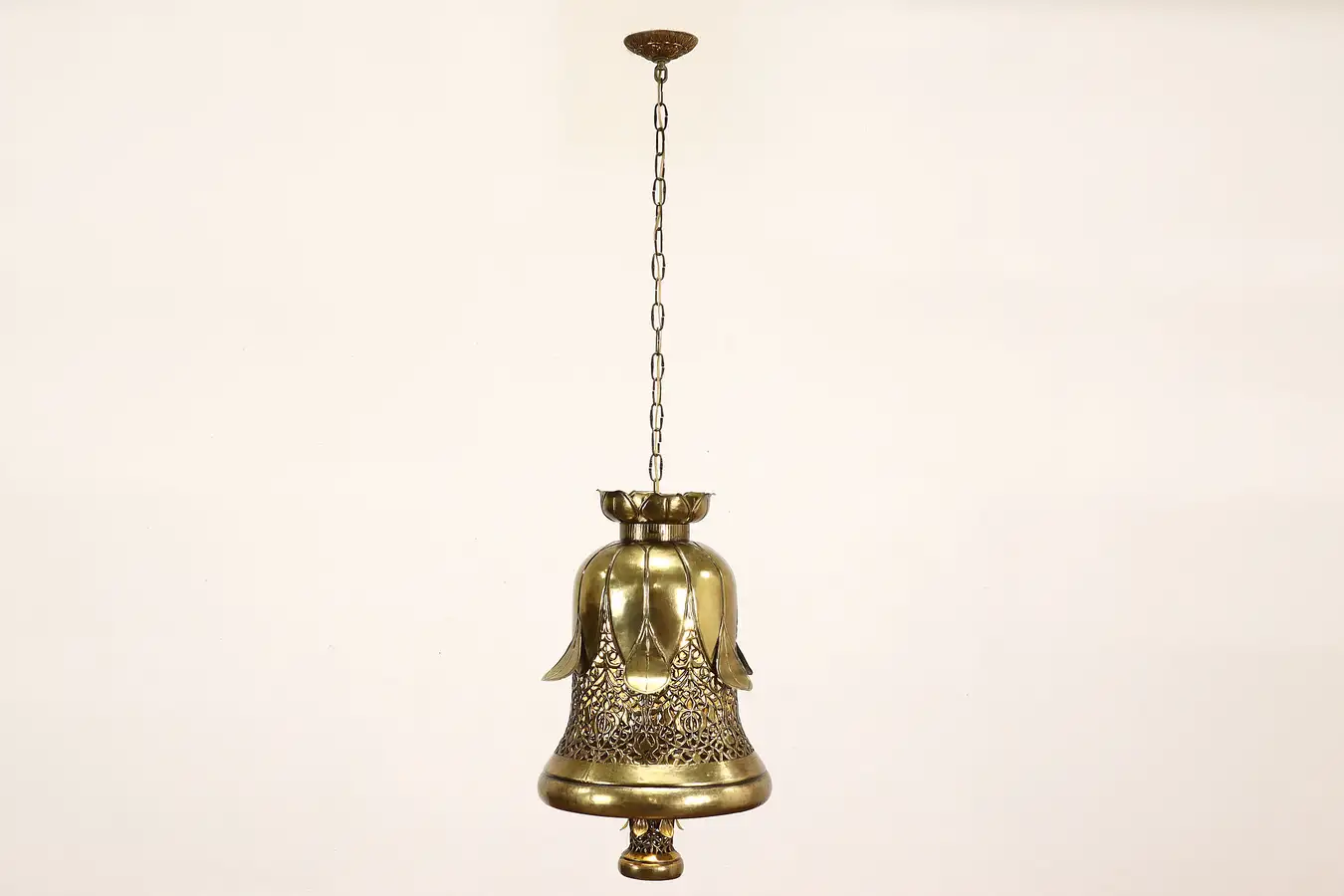 Main image of Brass Pierced Bell & Lotus Vintage Chandelier Light Fixture, India