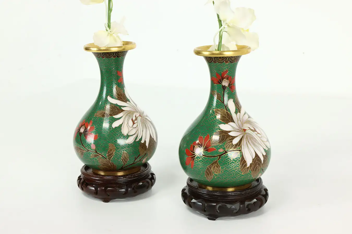 Main image of Pair of Vintage Traditional Chinese Cloisonne Enamel Vases, Teak Bases