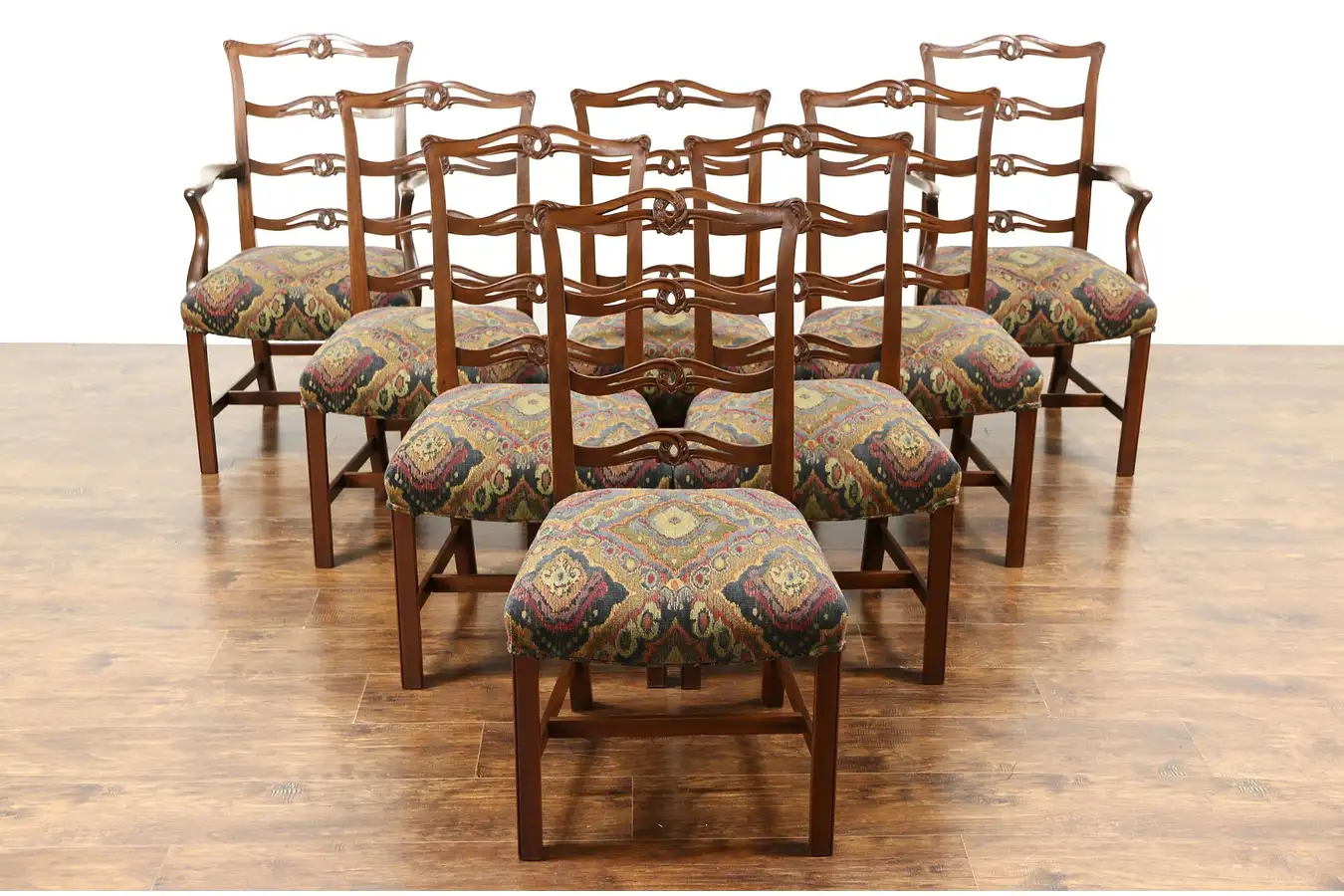 Main image of Set of 8 Traditional Carved Mahogany Vintage Dining Chairs, New Upholstery