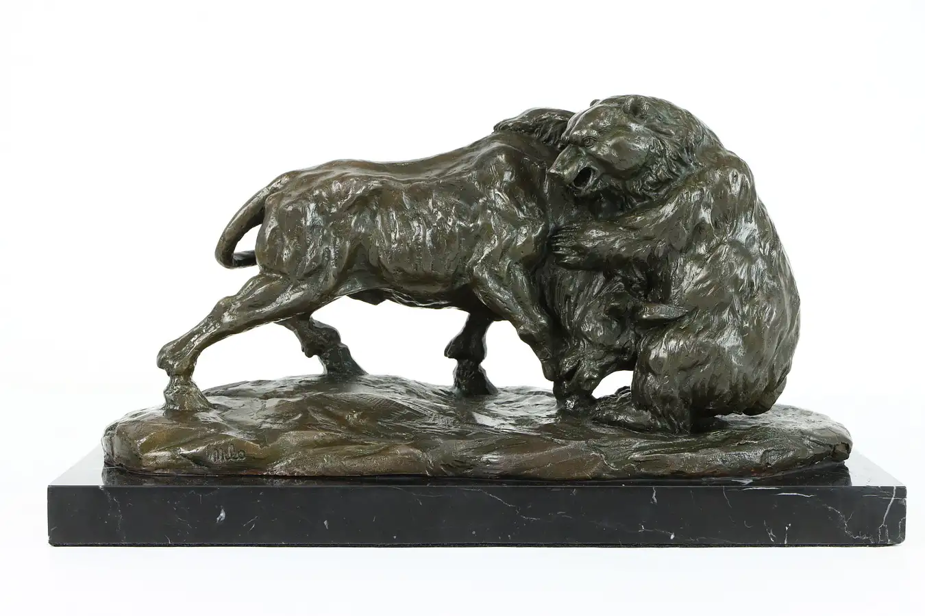 Main image of Wrestling Bear & Bull Vintage Bronze Sculpture, Marble Base, Signed Milo