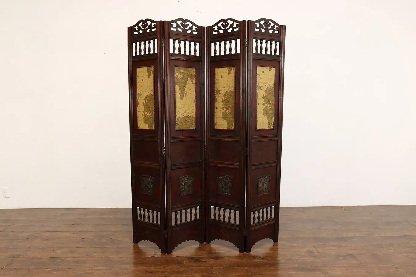 Main image of Asian Vintage Carved Fruitwood & Leather Map & Palm 4 Panel Screen