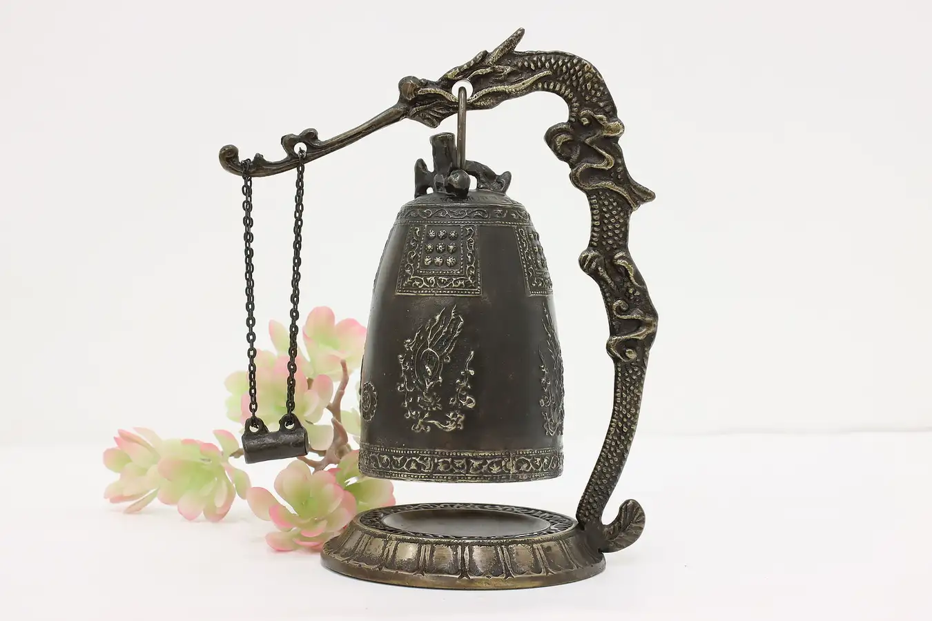 Main image of Asian Vintage Bronze Temple Bell, Clapper, Dragon Stand