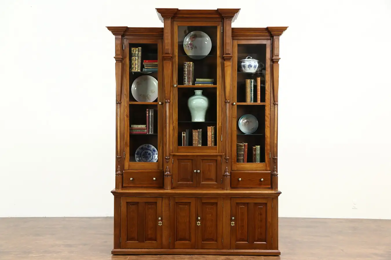 Main image of Victorian Antique 1880 Walnut Triple Library Bookcase, Wavy Glass Doors