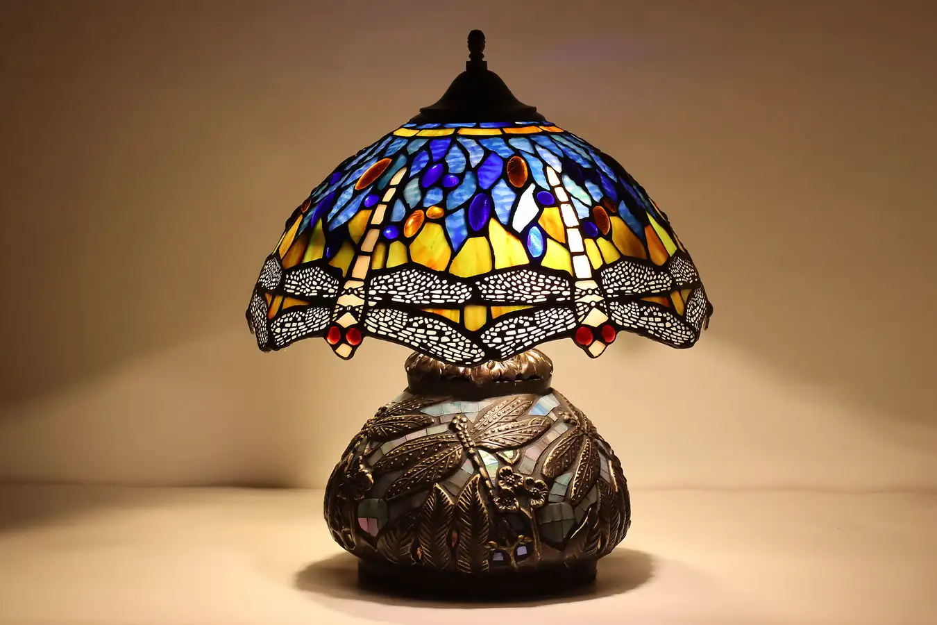 Main image of Tiffany Design Vintage Stained Leaded Glass Dragonfly Lamp