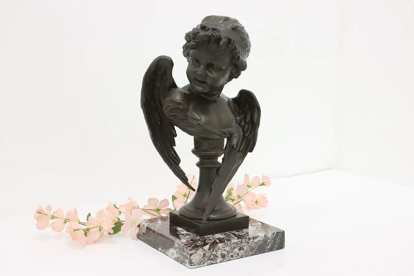 Main image of Amor Cupid Antique Bronze Sculpture on Marble Besserdich