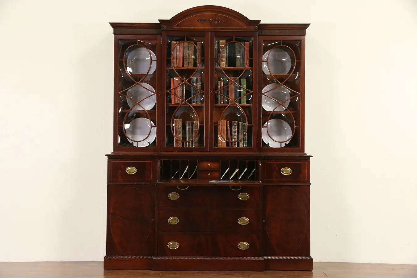 Main image of Traditional Mahogany Vintage Signed Breakfront China Cabinet or Bookcase & Desk