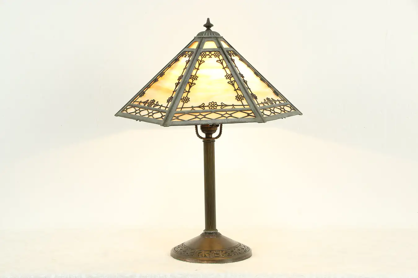 Main image of Lamp with Antique Stained Glass 6 Panel Shade, Signed PEM & Co