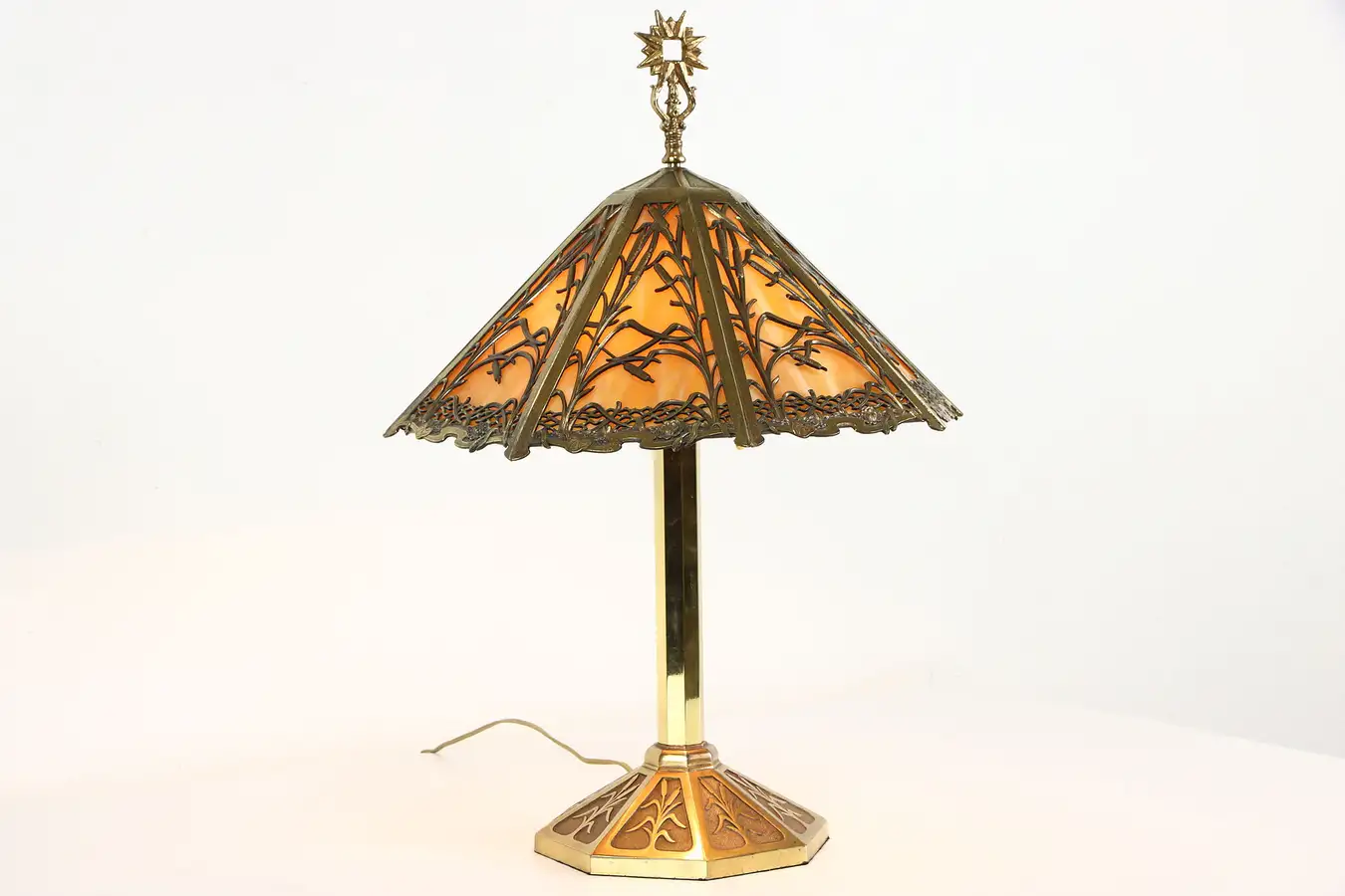 Main image of Cat Tails Design Antique Lamp, Stained Glass Octagonal Shade