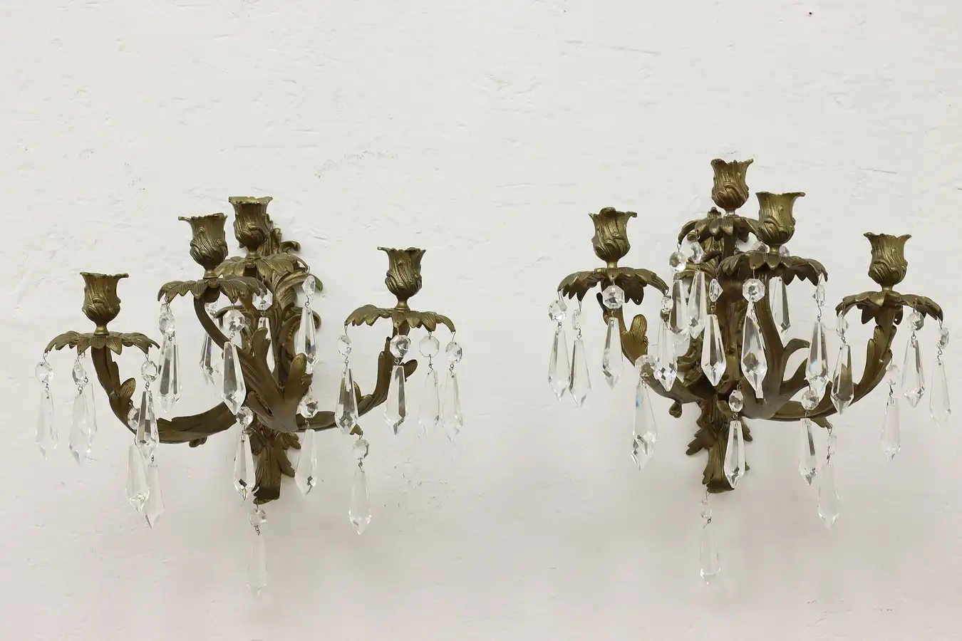 Main image of Pair of French Antique Brass & Crystal Candle Sconces
