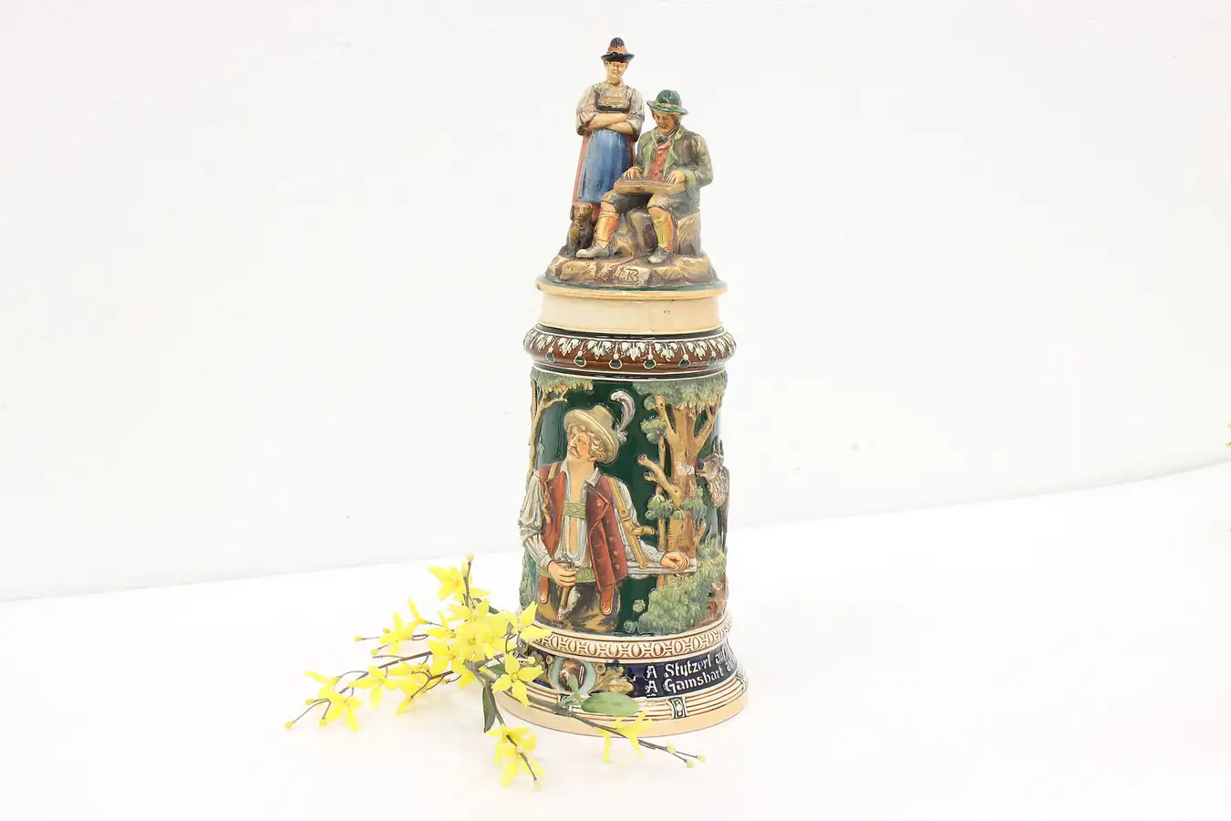 Main image of German Folk Art Antique Liter Beer Stein or Mug, Painted Hunter & Animals