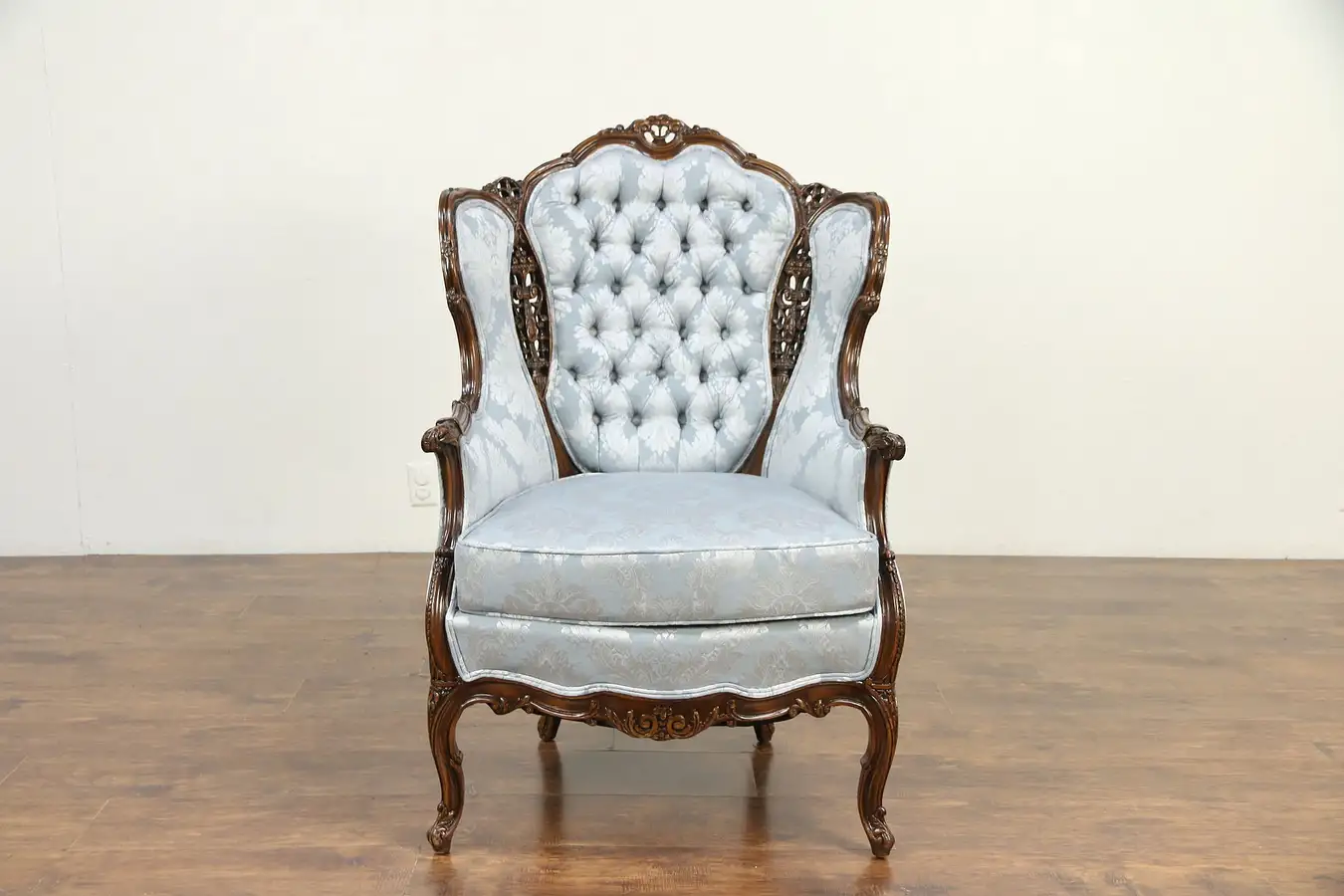 Main image of French Style Carved Vintage Wing Chair, New Upholstery