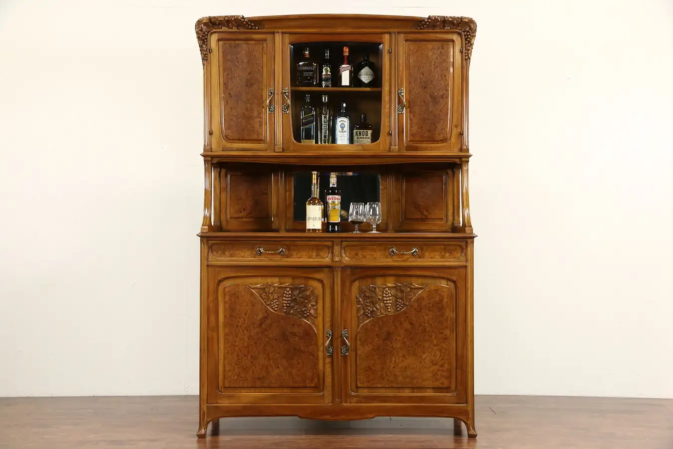 Main image of French Art Nouveau 1915 Antique Sideboard & China Cabinet or Back Bar