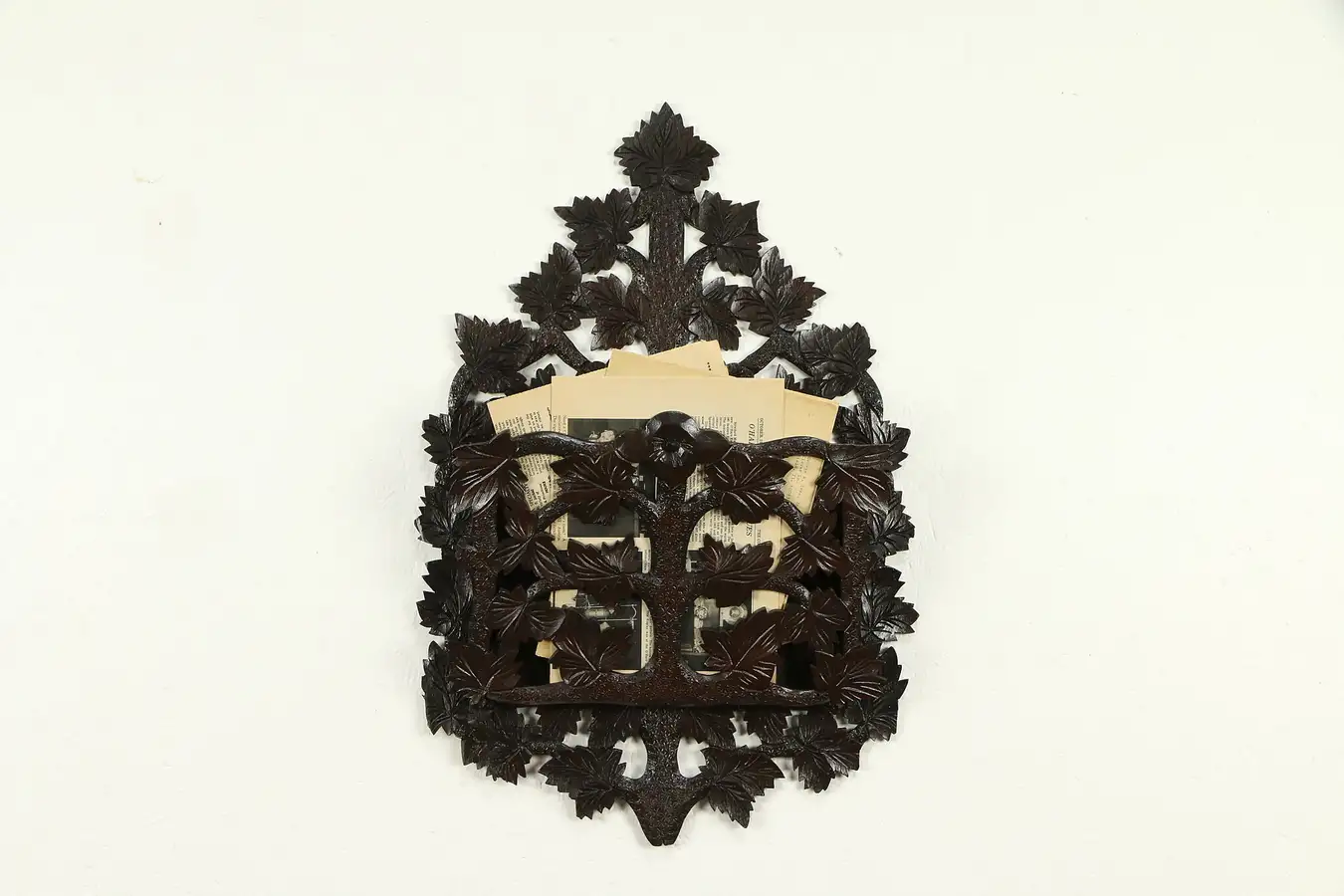 Main image of Victorian Folk Art Carved Walnut Wall Pocket, Magazine Rack