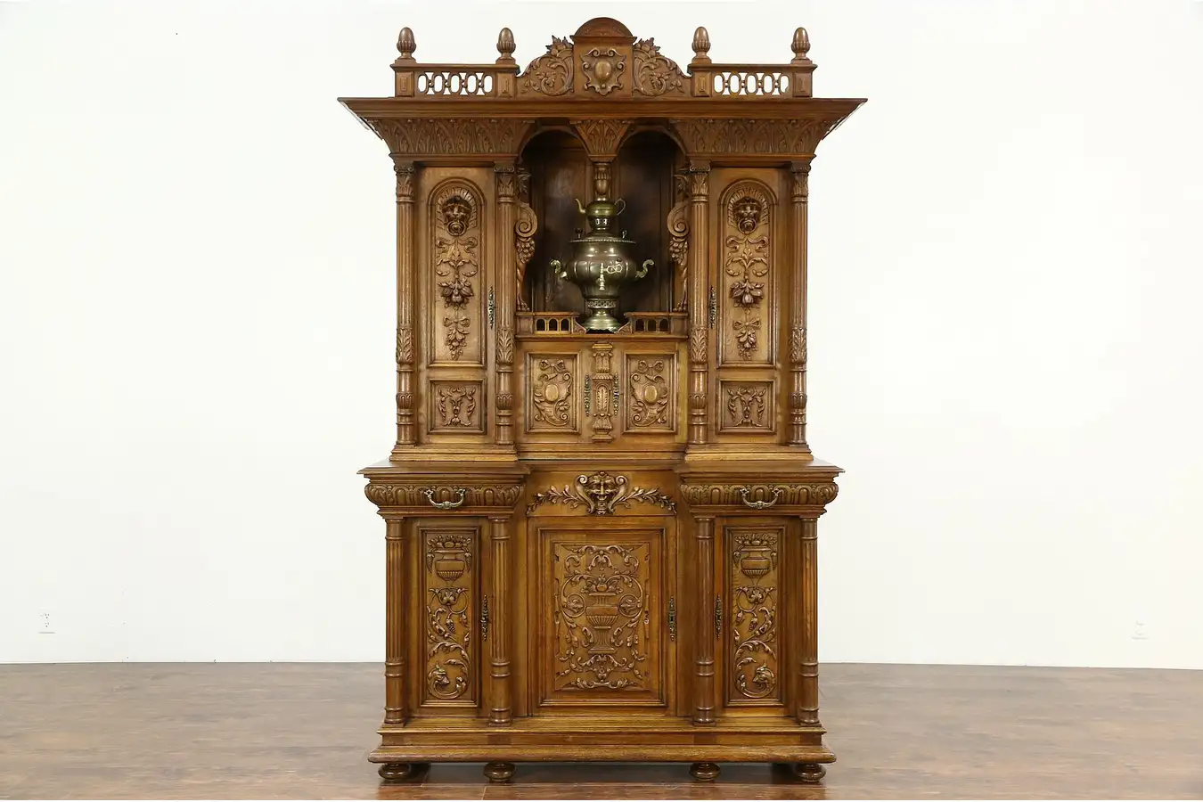 Main image of Dutch Oak Antique 1880 Dowry Cabinet, Carved Lion Heads, Fruit & Gargoyle