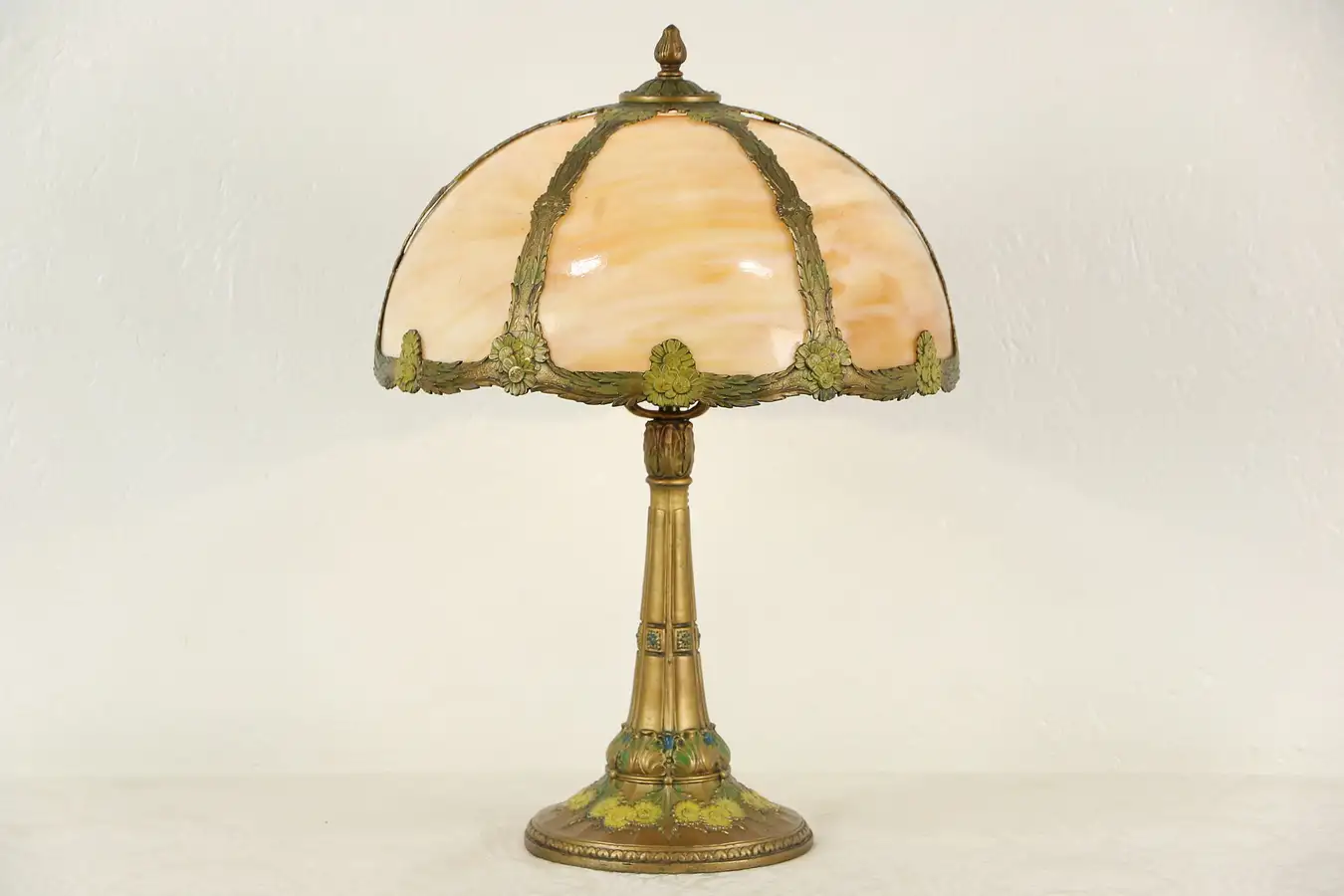 Main image of Curved Stained Glass 1915 Antique Lamp, Base with Original Paint
