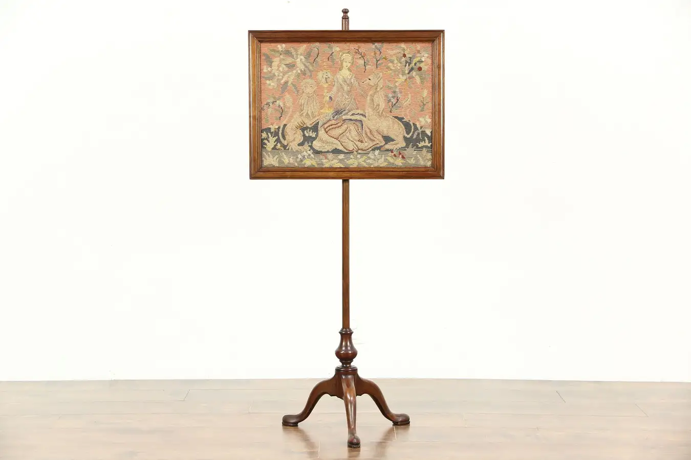 Main image of Fireplace Screen 1920 Antique Mahogany Adjustable Unicorn in the Garden Tapestry