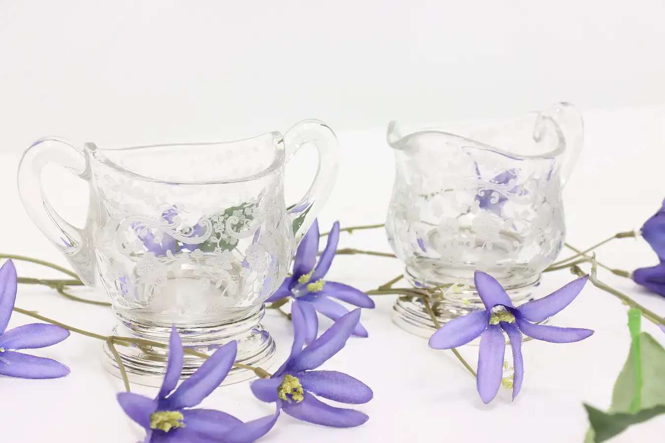 Main image of Etched Glass & Sterling Silver Antique Creamer & Sugar Set