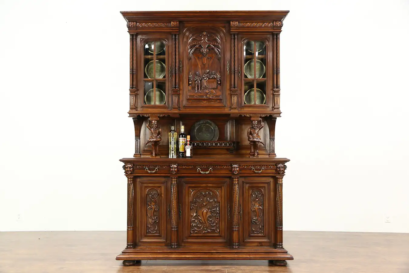 Main image of Royal Danish Court 1890 Antique Jester Cabinet, Hand Carved Walnut Sculptures