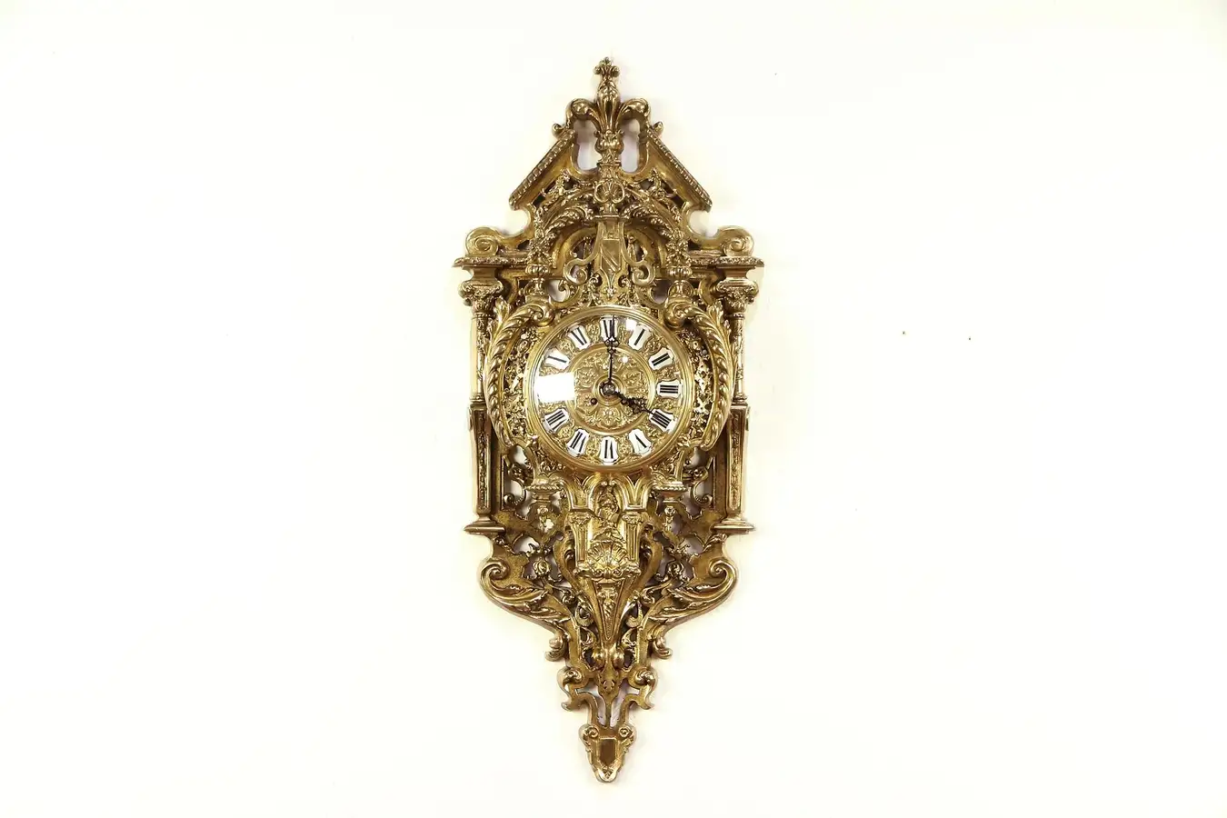 Main image of French Bronze Antique Wall Clock, Enamel Numerals, Signed Mougin