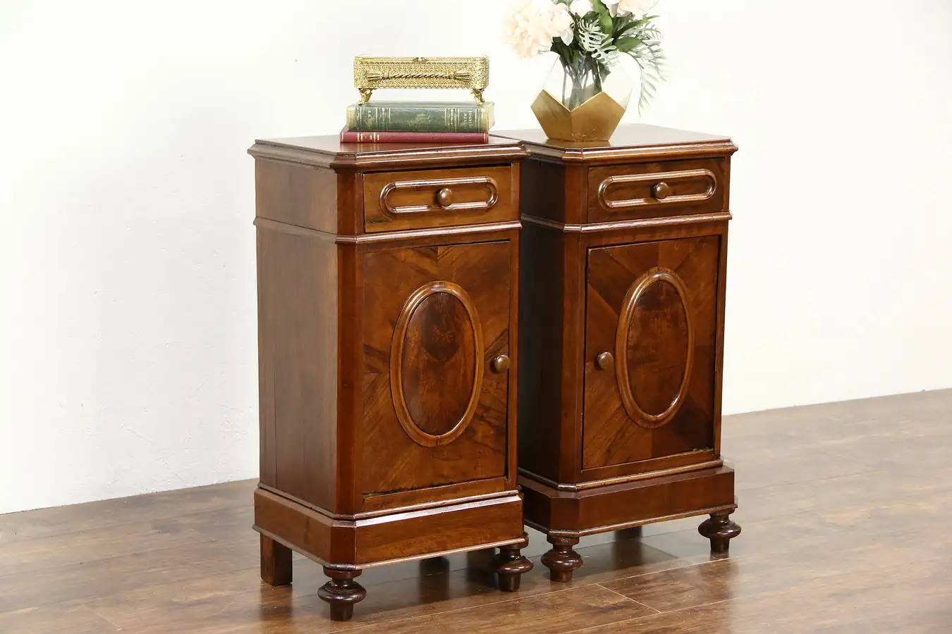 Main image of Italian Baroque Antique 1890 Walnut & Burl Pair of Nightstands
