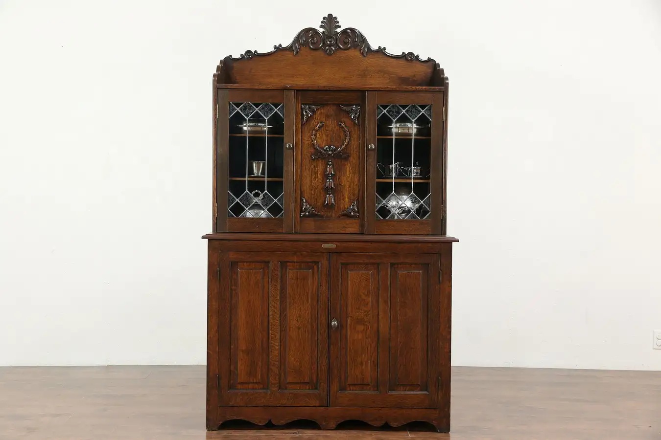 Main image of Oak 1900 Antique Mystery Linen or Collector Print Cabinet, Leaded Glass Doors