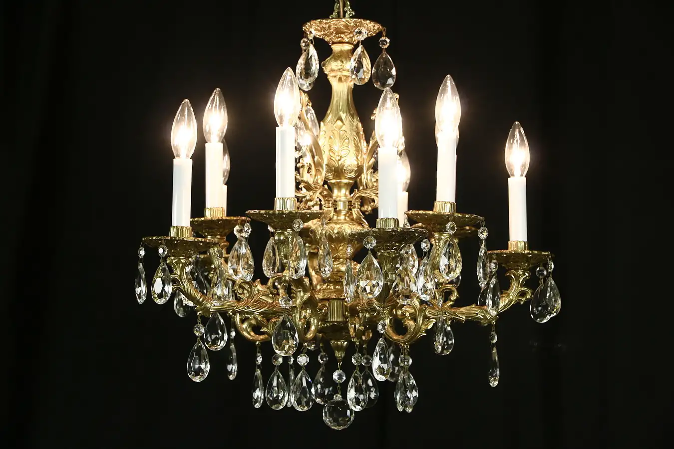 Main image of Chandelier, Molded Gold Acrylic, 10 Candles & Cut Crystal Prisms